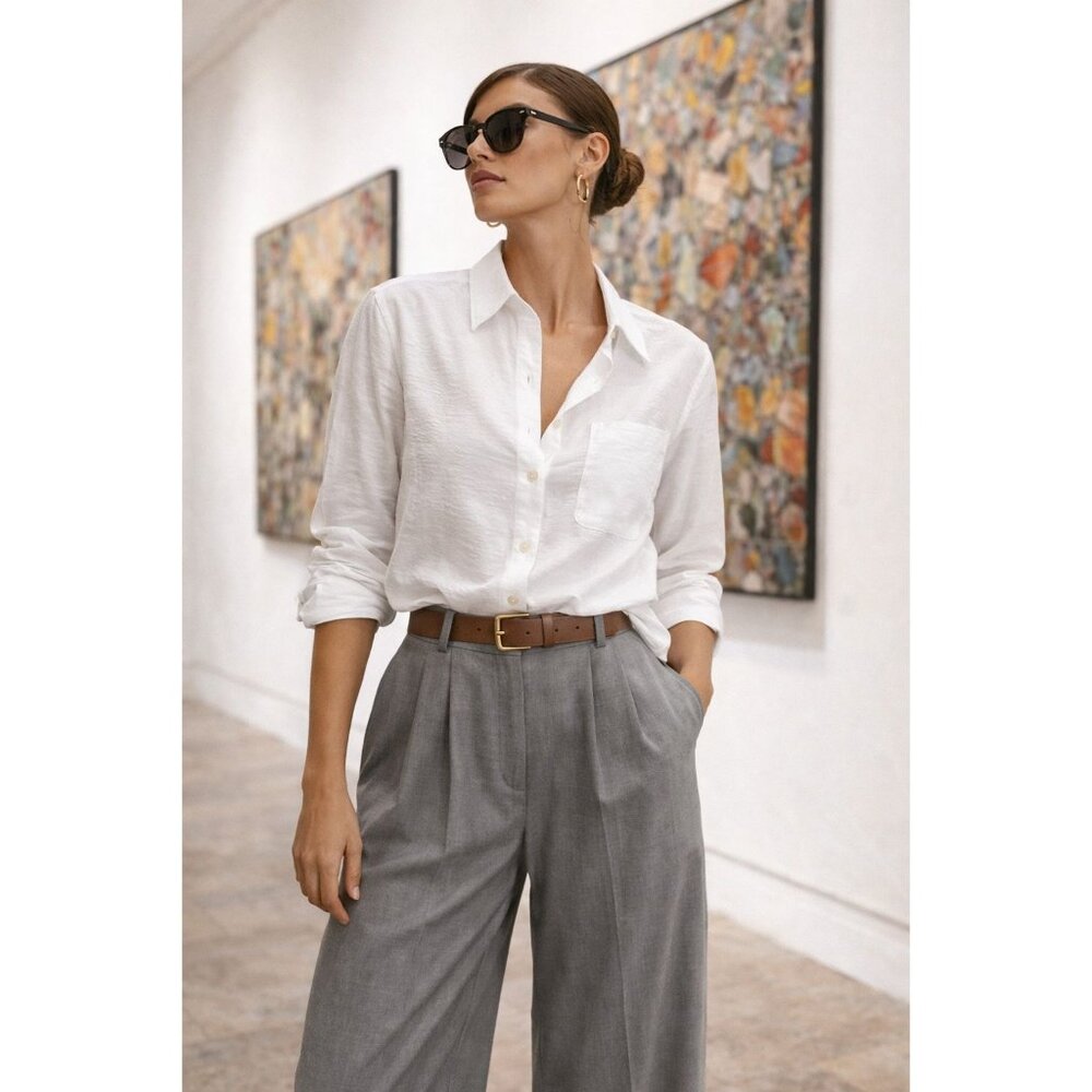Tommy Hilfiger Ivory Crinkled Texture Button Front Tunic Shirt Pocket Curved Hem